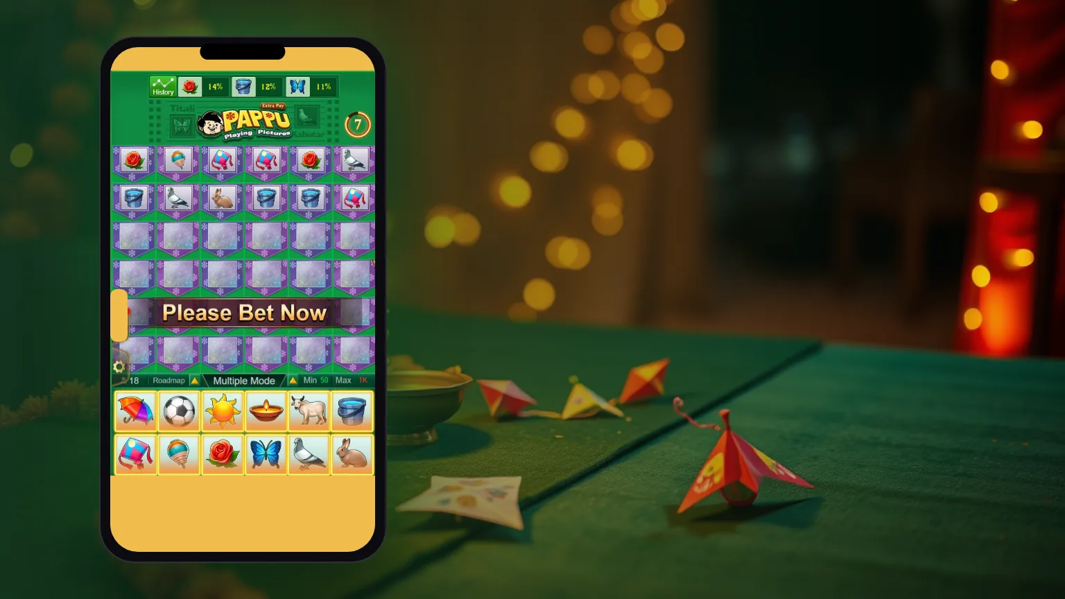 Pappu Playing Pictures on a phone: the twelve-picture board with Please Bet Now